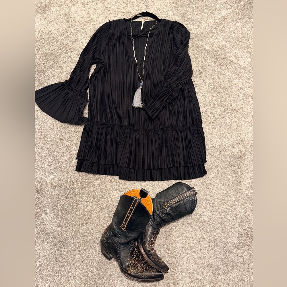 Free People Black Pleated Boho Tunic / Mini Dress